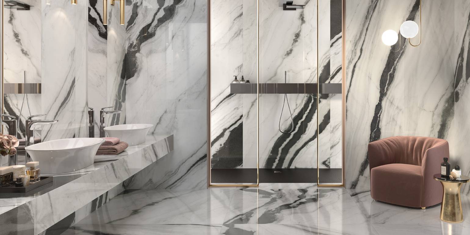 تصميم الحمامات ببلاط بورسلين بتأثير الرخام