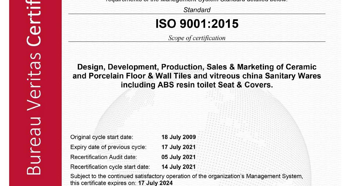 New Certificate of RAK Ceramics 9K Recertification Audit of 2021