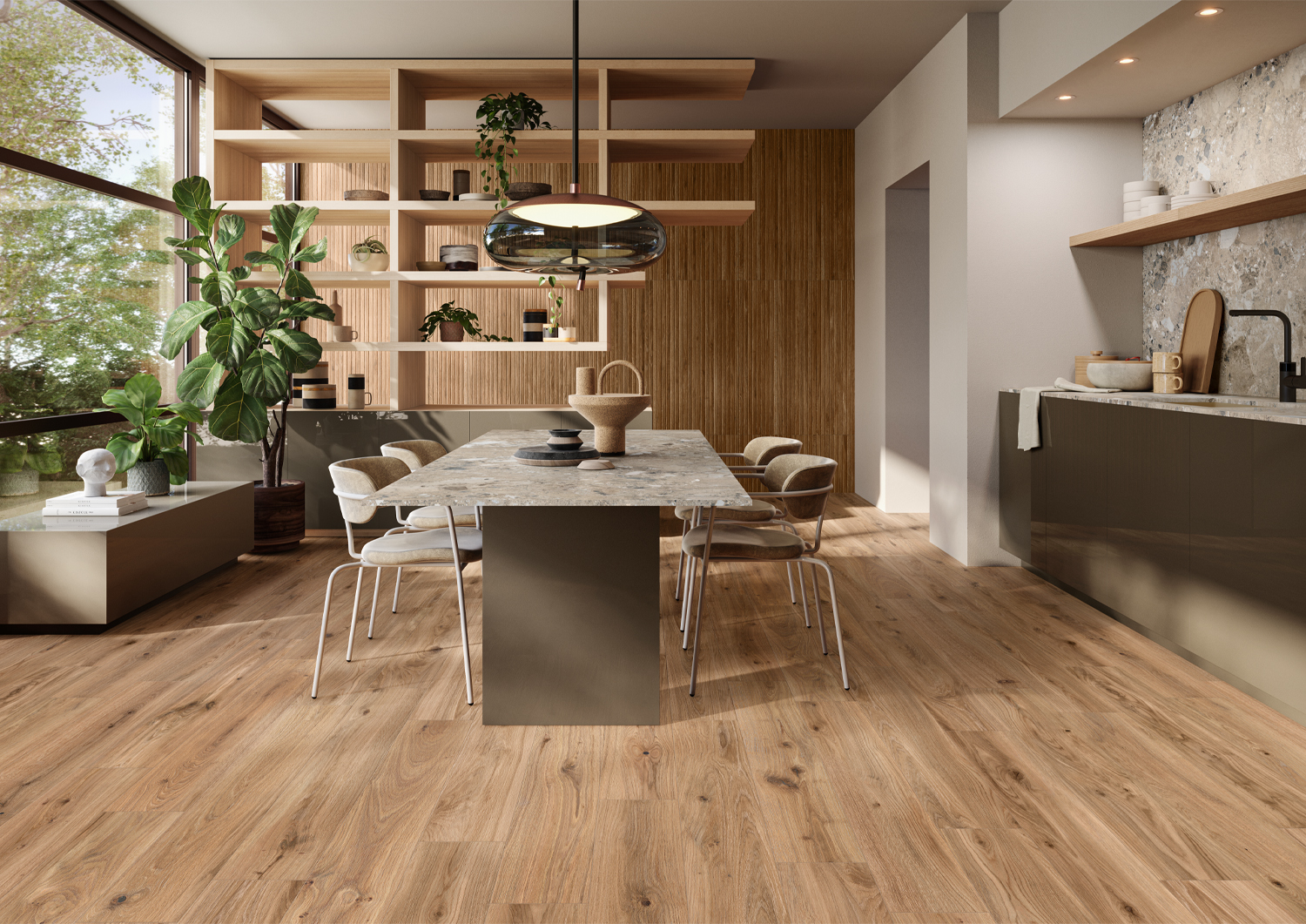 Dining room with wood-effect porcelain floor tiles and natural biophilic design
