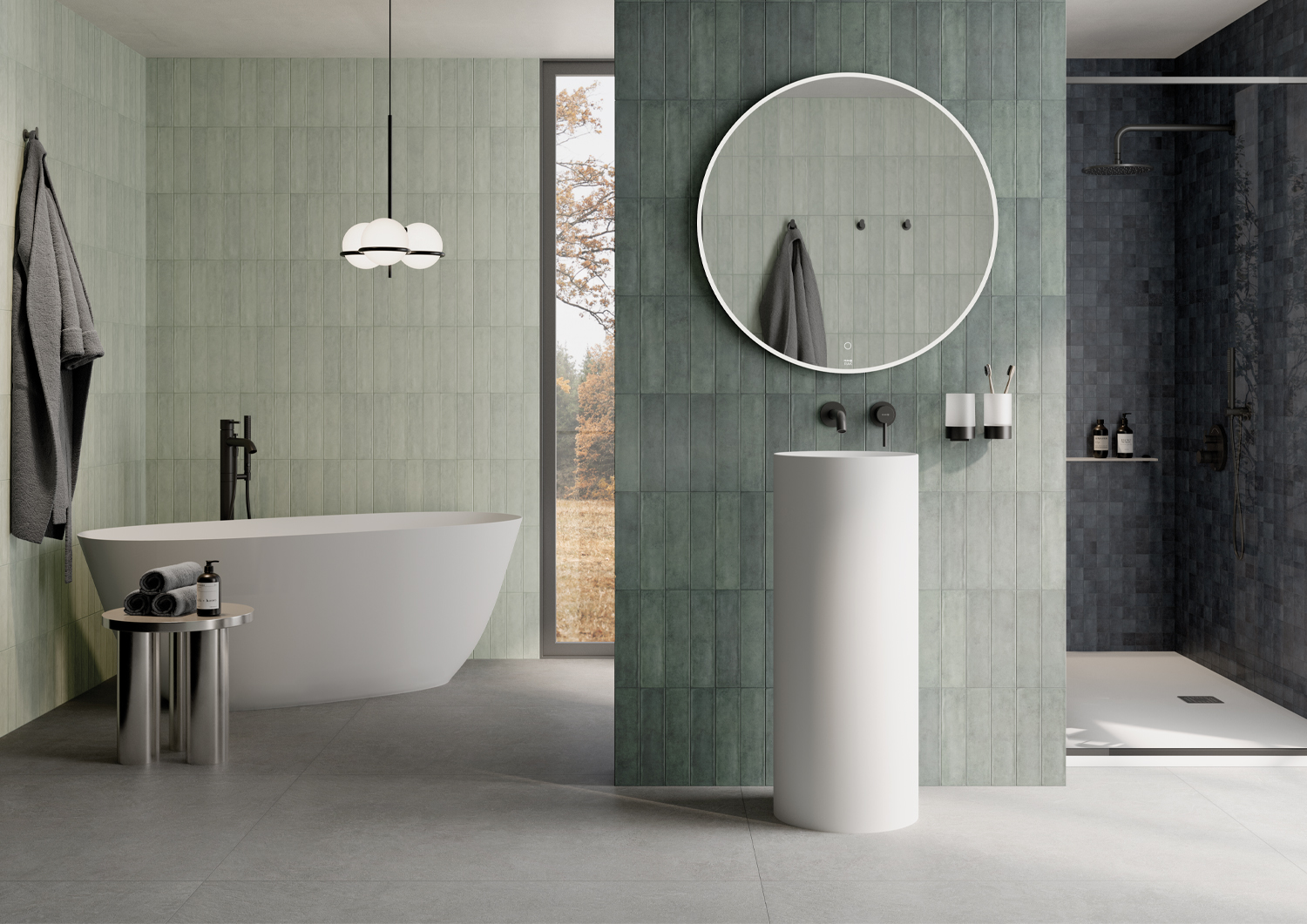 Modern bathroom with textured wall tiles in brick format creating a feature wall