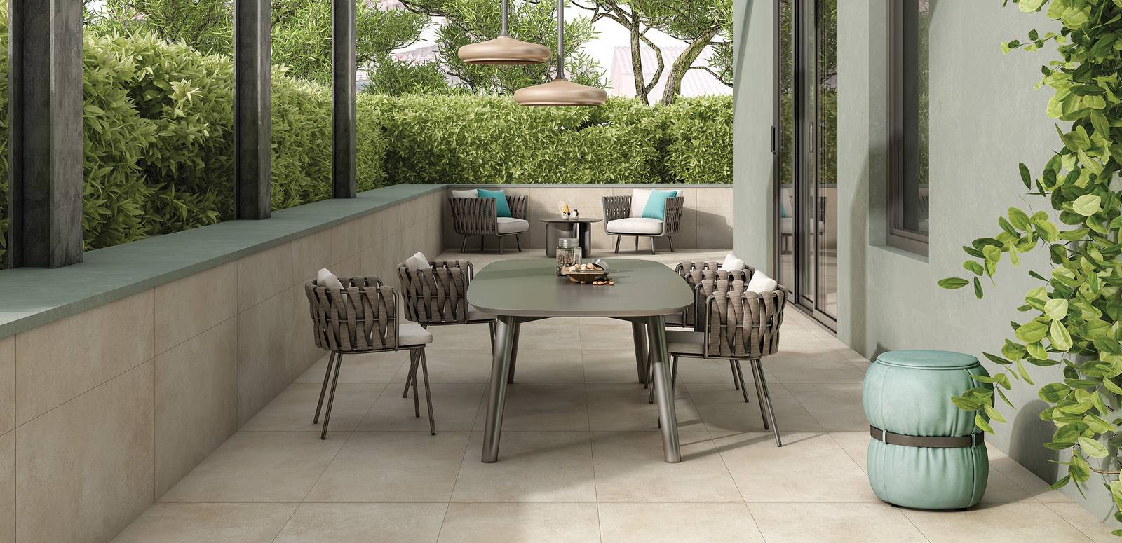 Modern Outdoor highlighting beige tones with porcelain tiles, creating a warm atmosphere.