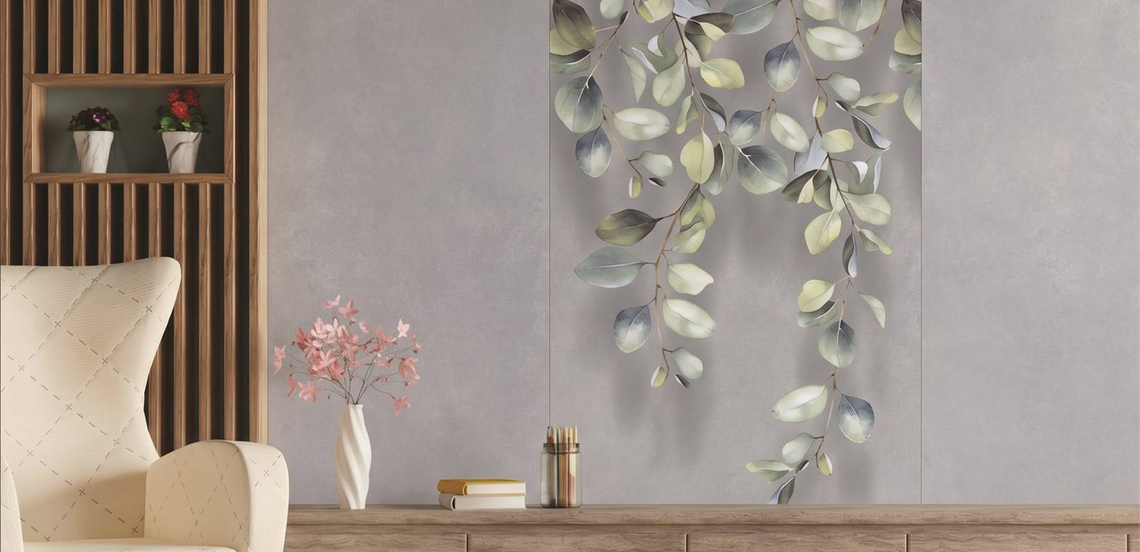 Modern Living room with porcelain tiles, creating an elegant atmosphere.