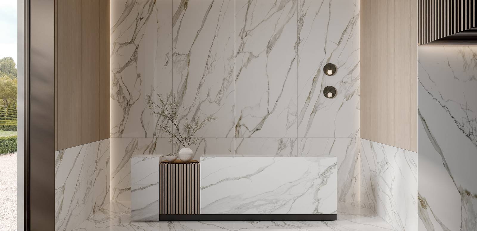 Moderno Comercial ligero que resalta tonos white con baldosas porcelánicas, para una atmósfera lujosa.