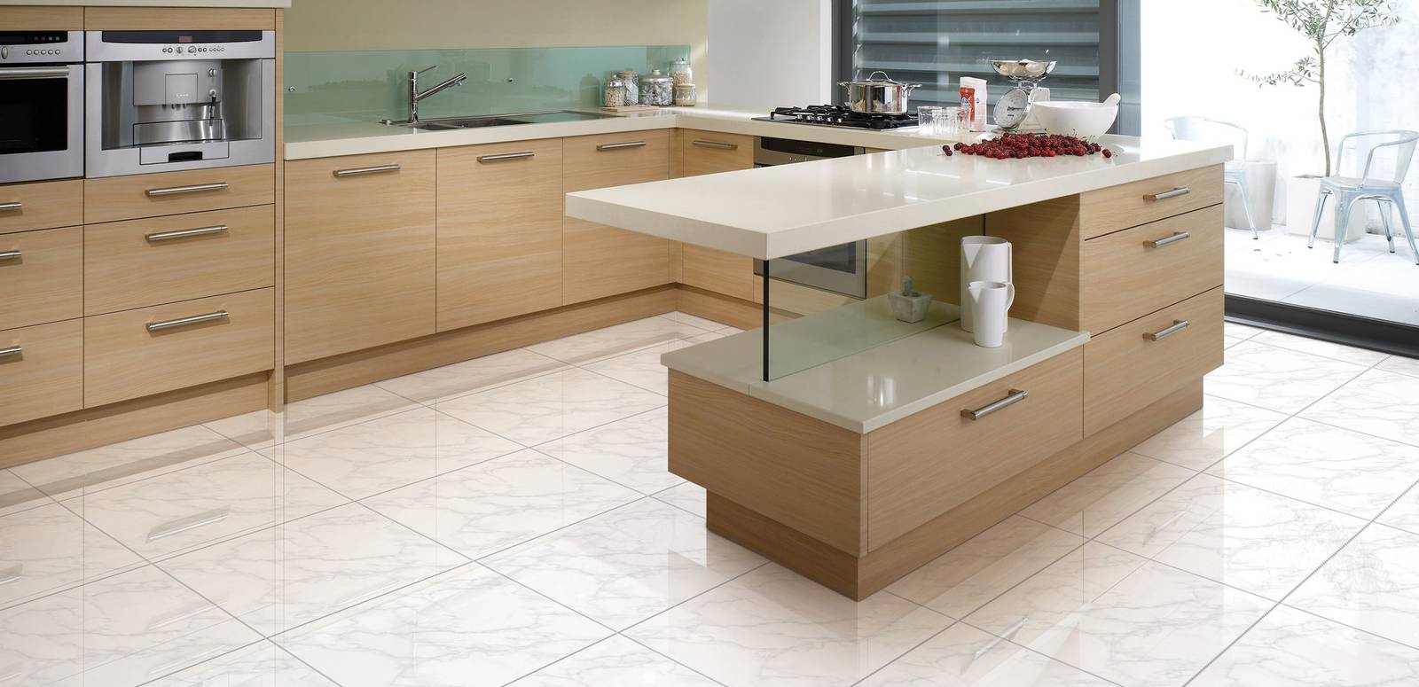 Modern Kitchen featuring white tones with porcelain tiles, creating a contemporary atmosphere.