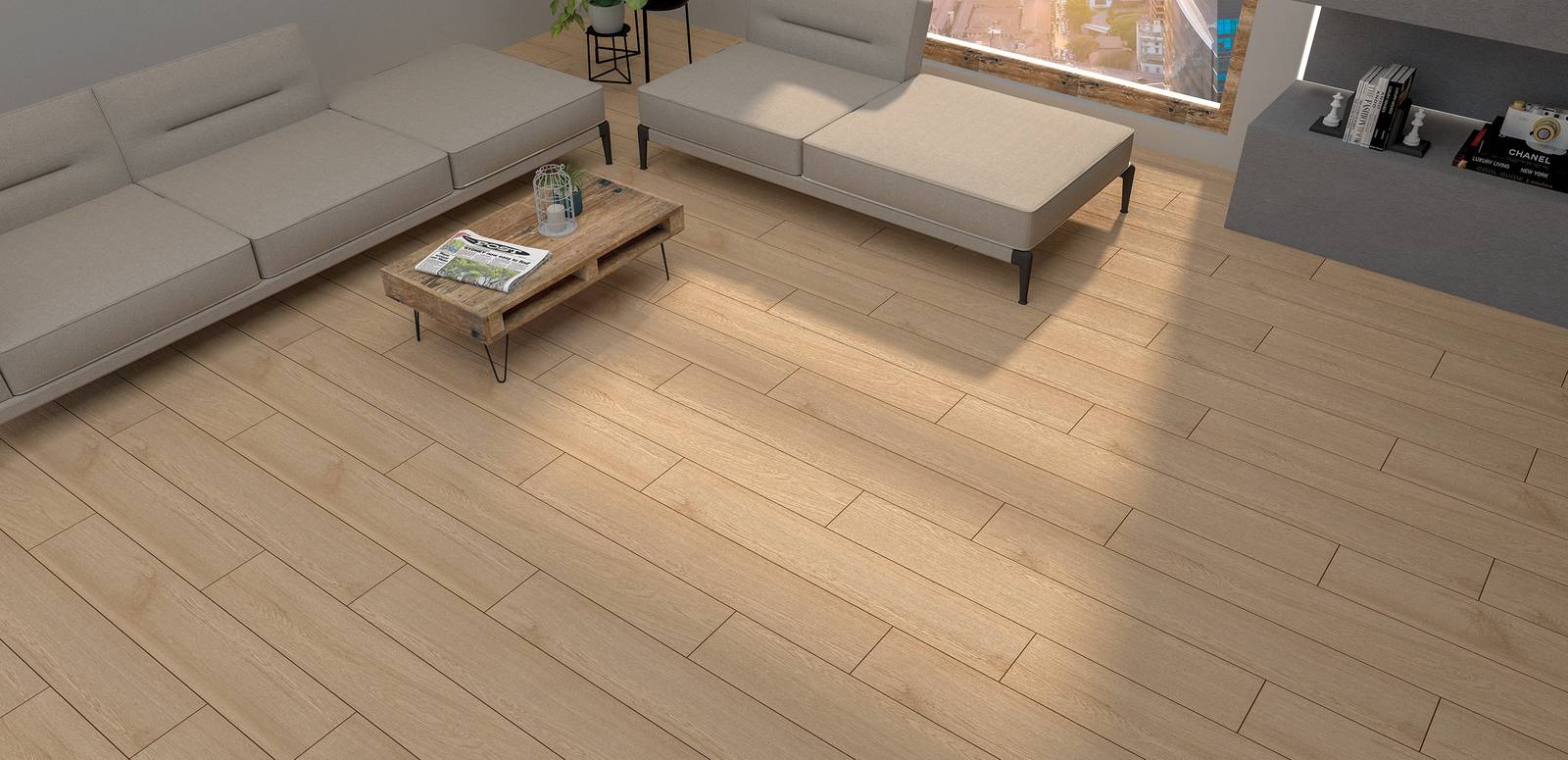 Modern Living room featuring beige, white tones with porcelain tiles, creating a contemporary atmosphere.