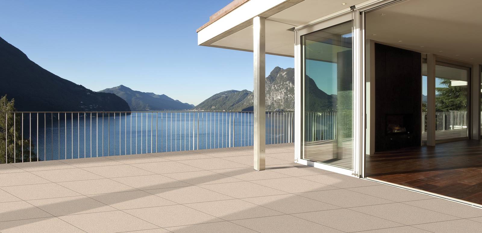 Modern Living room showcasing beige tones with porcelain tiles, creating a luxurious atmosphere.
