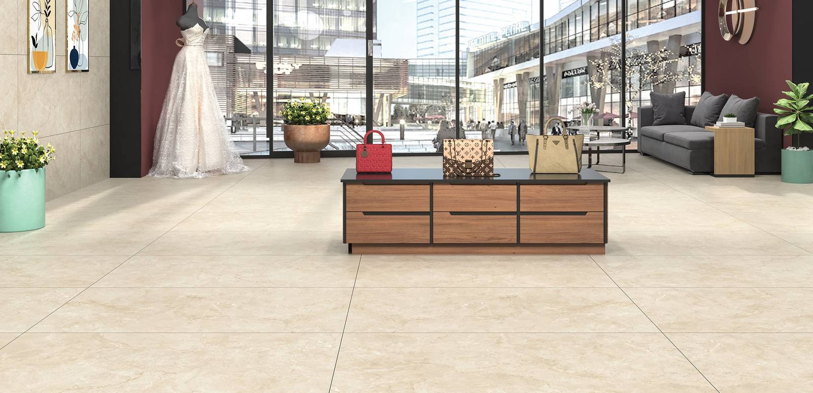 Modern Light Commercial featuring beige tones with porcelain tiles, creating a contemporary atmosphere.