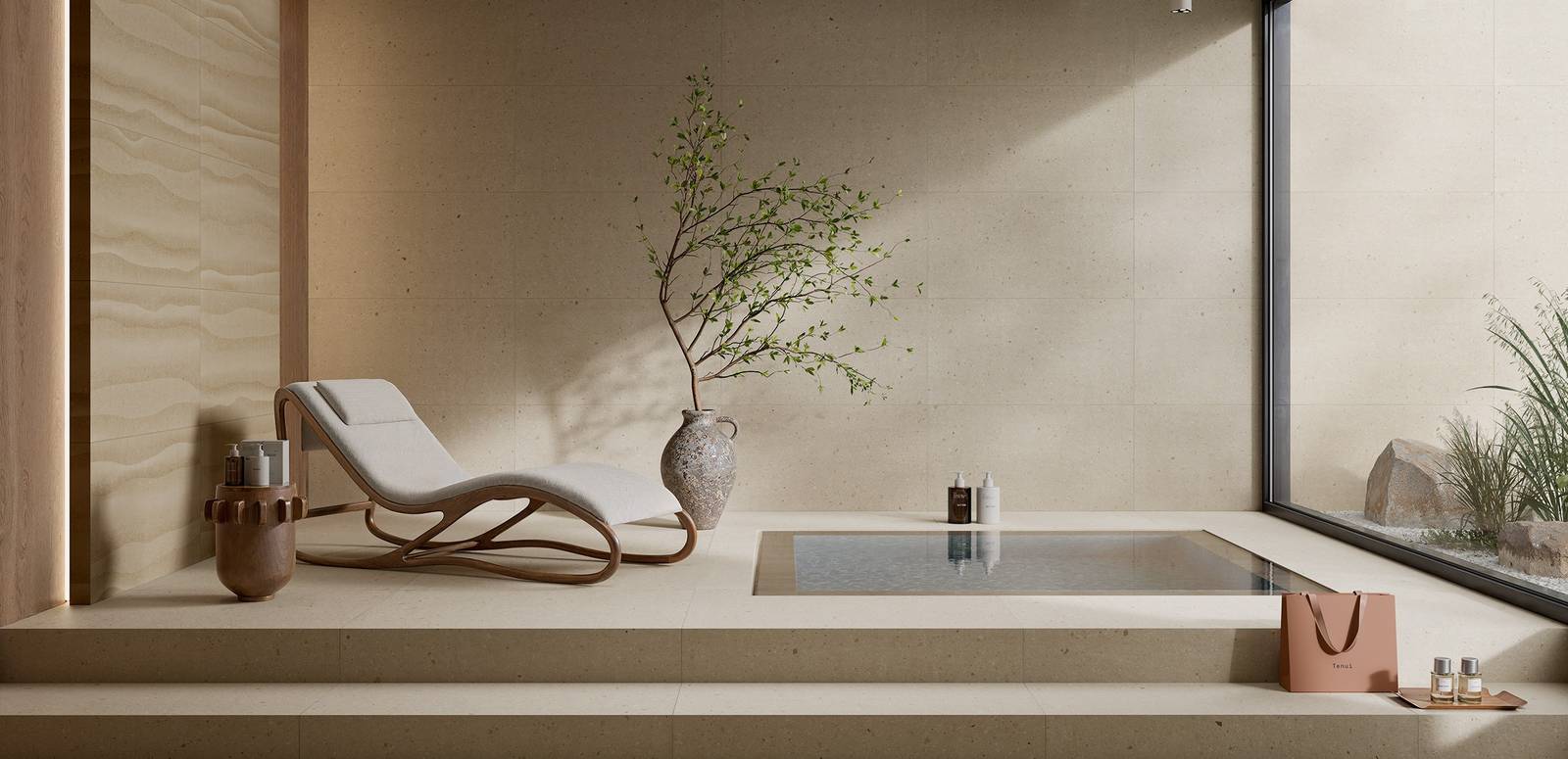 Modern Light Commercial featuring beige tones with porcelain tiles, creating a warm atmosphere.