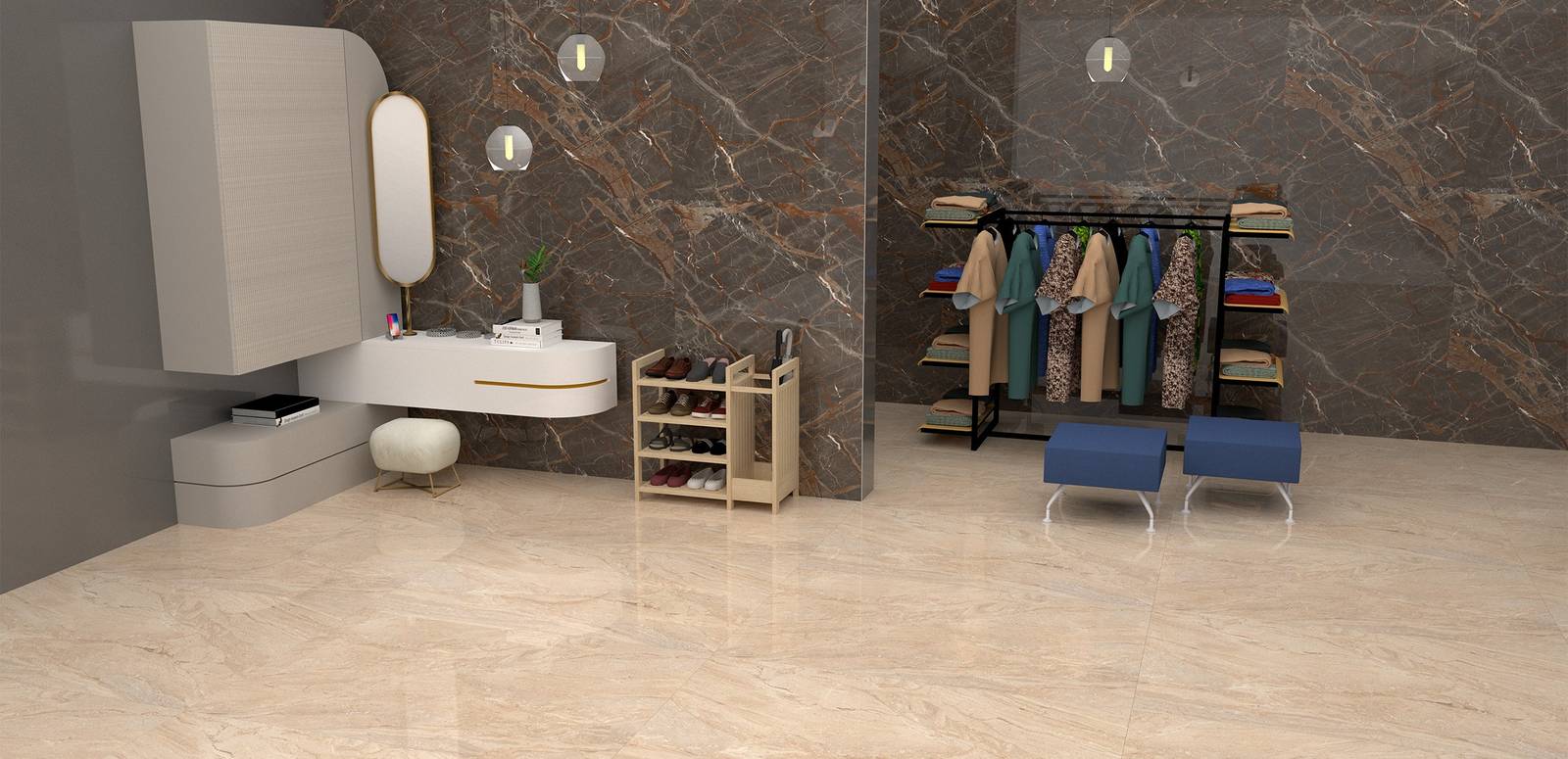 Modern Light Commercial showcasing beige tones with porcelain tiles, creating a luxurious atmosphere.