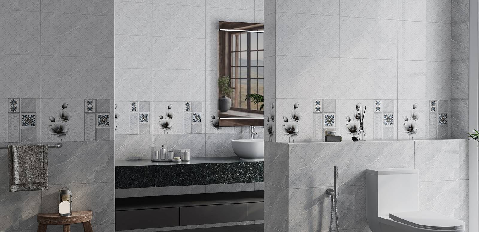 Modern Bathroom highlighting grey tones with porcelain tiles, creating a contemporary atmosphere.