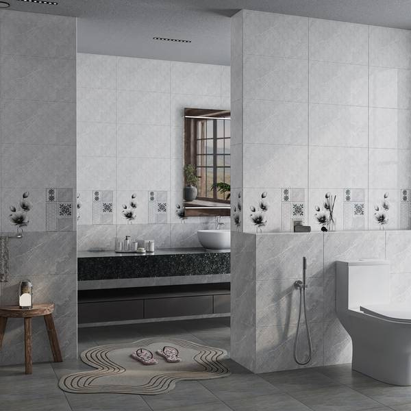 Modern Bathroom highlighting grey tones with porcelain tiles, creating a contemporary atmosphere.