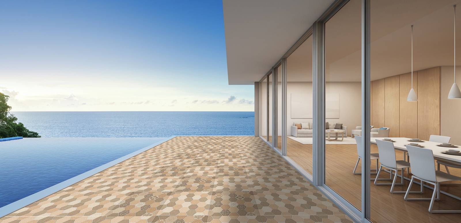 Modern Wellness and Swimming Pool featuring brown tones with porcelain tiles, creating a luxurious atmosphere.