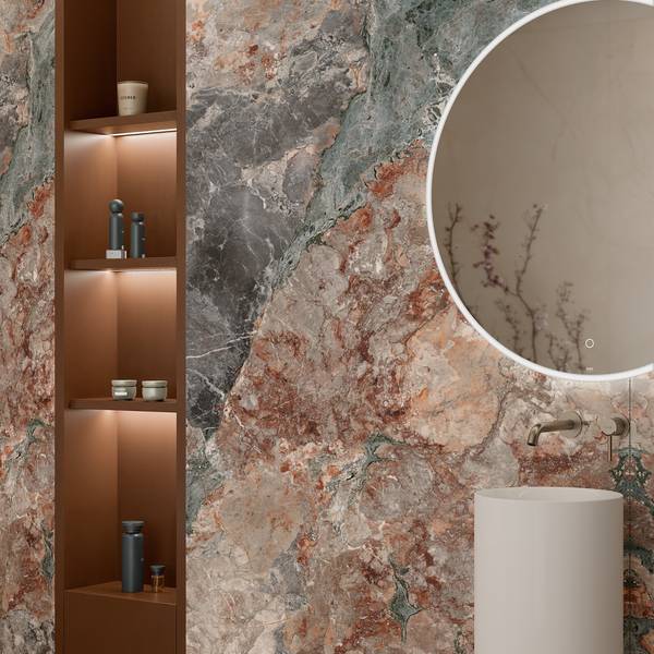 Modern Bathroom with porcelain tiles, creating a contemporary atmosphere.