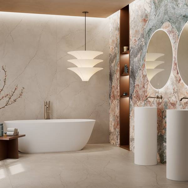 Modern Bathroom with porcelain tiles, creating a warm atmosphere.