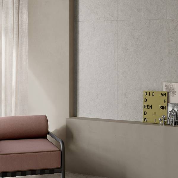Modern Living room highlighting beige tones with porcelain tiles, creating a serene atmosphere.
