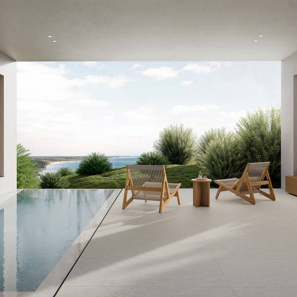Modern Outdoor showcasing grey tones with porcelain tiles, creating a warm atmosphere.