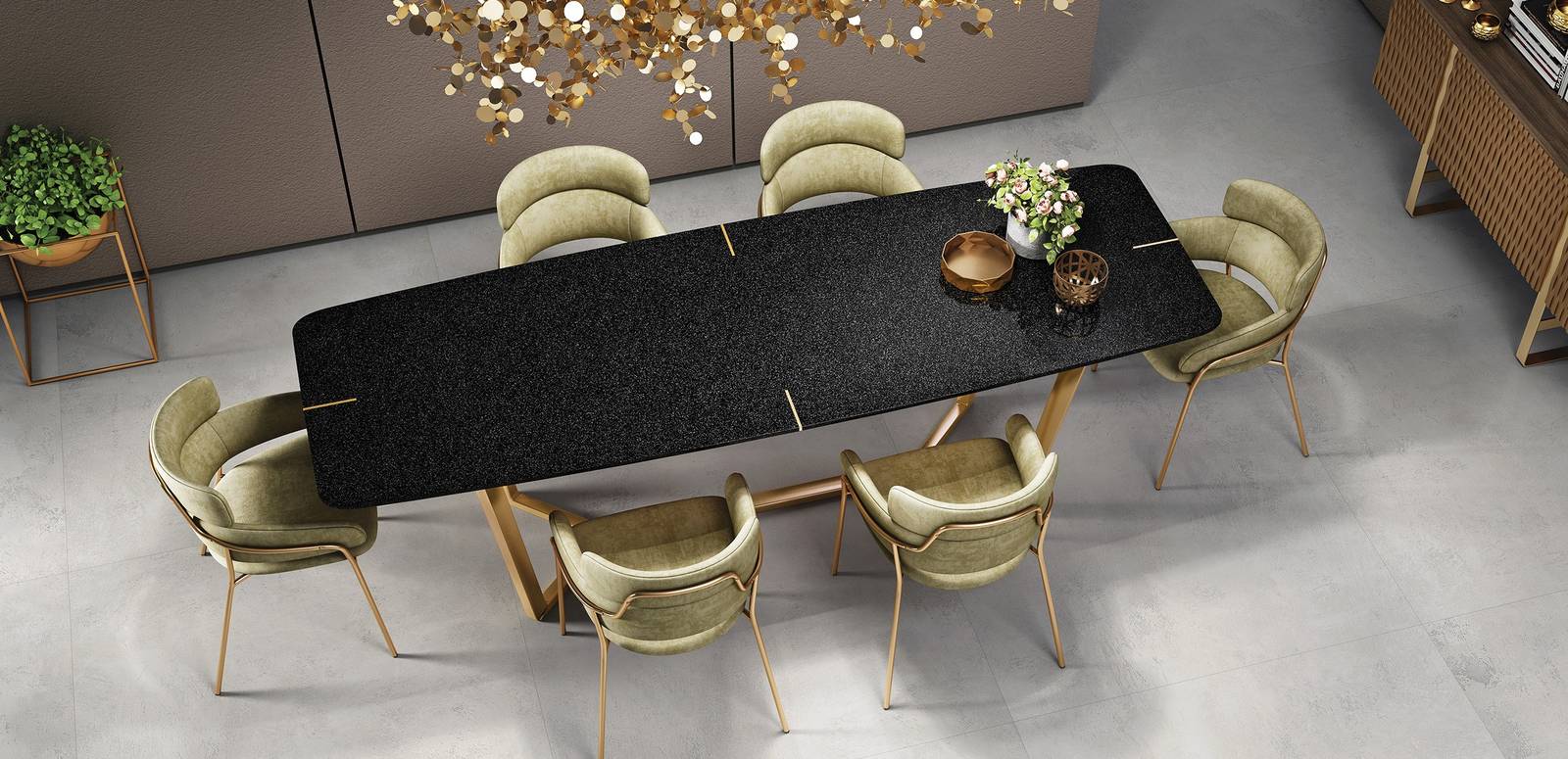 Modern Living room showcasing black tones with porcelain tiles, creating a warm atmosphere.