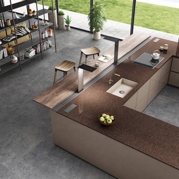 Modern Living room highlighting brown tones with porcelain tiles, creating a serene atmosphere.