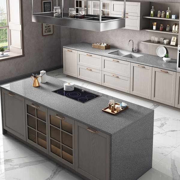 Modern Kitchen showcasing grey tones with porcelain tiles, creating a contemporary atmosphere.