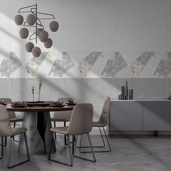Modern Living room featuring grey tones with porcelain tiles, creating a warm atmosphere.