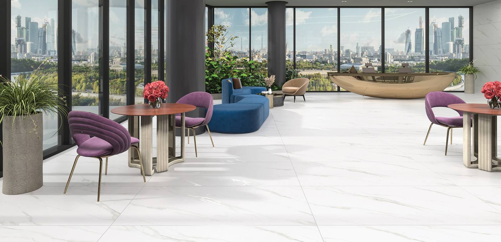 Modern Light Commercial featuring white tones with porcelain tiles, creating a luxurious atmosphere.