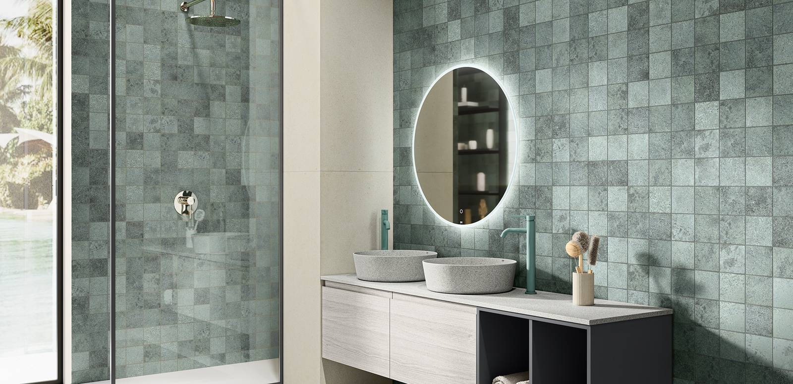 Modern Bathroom highlighting green tones with porcelain tiles, creating a contemporary atmosphere.