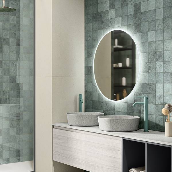 Modern Bathroom highlighting green tones with porcelain tiles, creating a contemporary atmosphere.