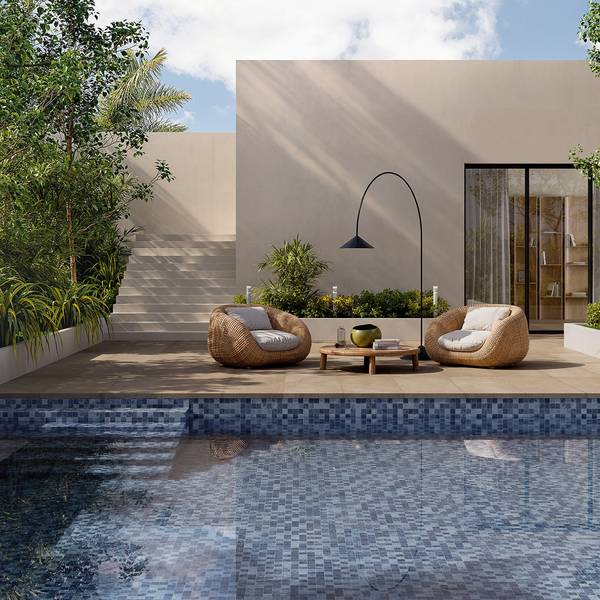 Modern Outdoor showcasing blue tones with porcelain tiles, creating a warm atmosphere.