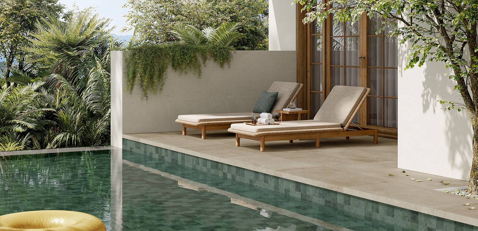 Modern Outdoor highlighting green tones with porcelain tiles, creating a contemporary atmosphere.