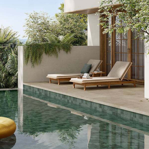 Modern Outdoor highlighting green tones with porcelain tiles, creating a contemporary atmosphere.