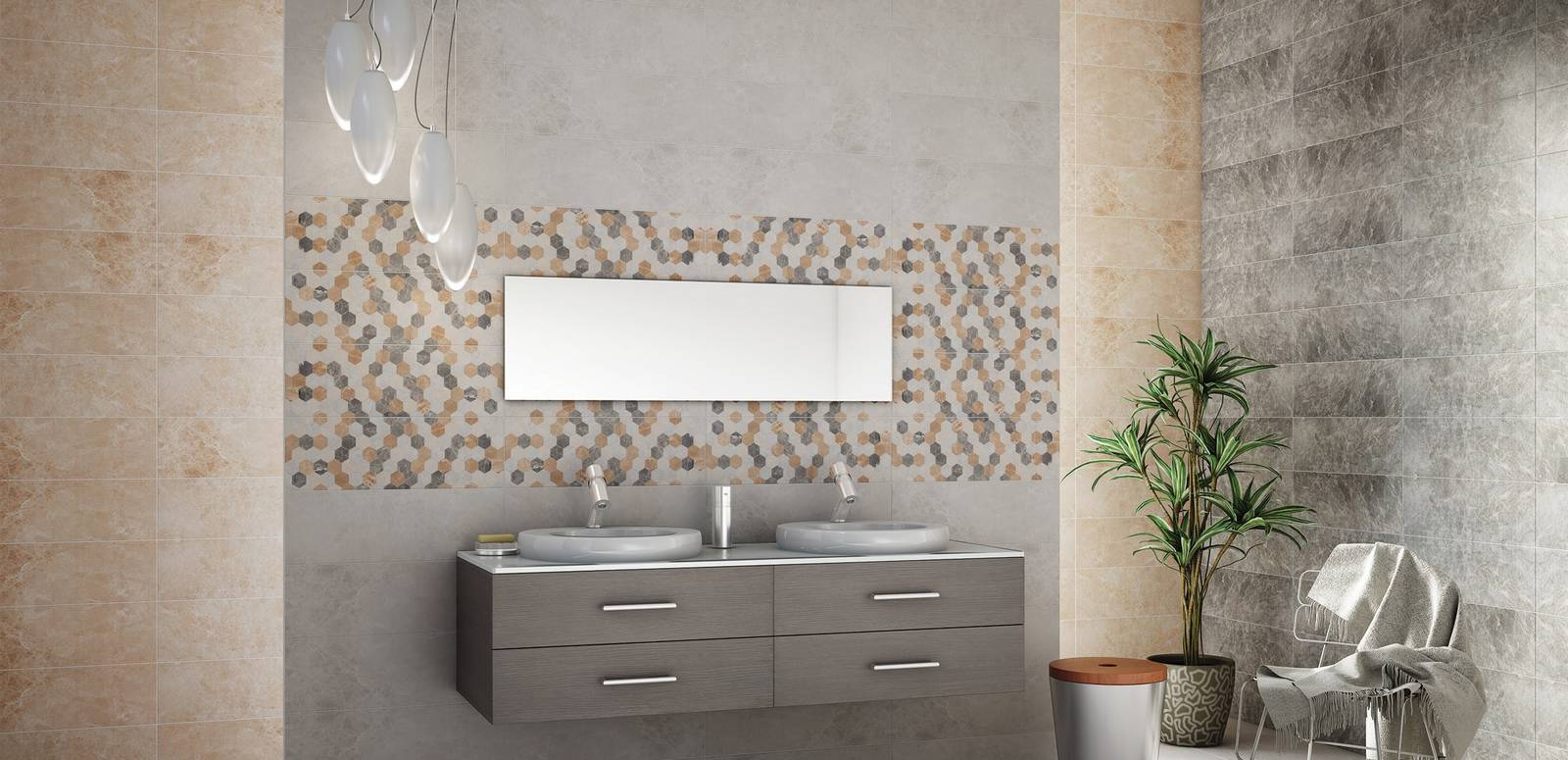 Modern Bathroom featuring beige, grey tones with porcelain tiles, creating a luxurious atmosphere.