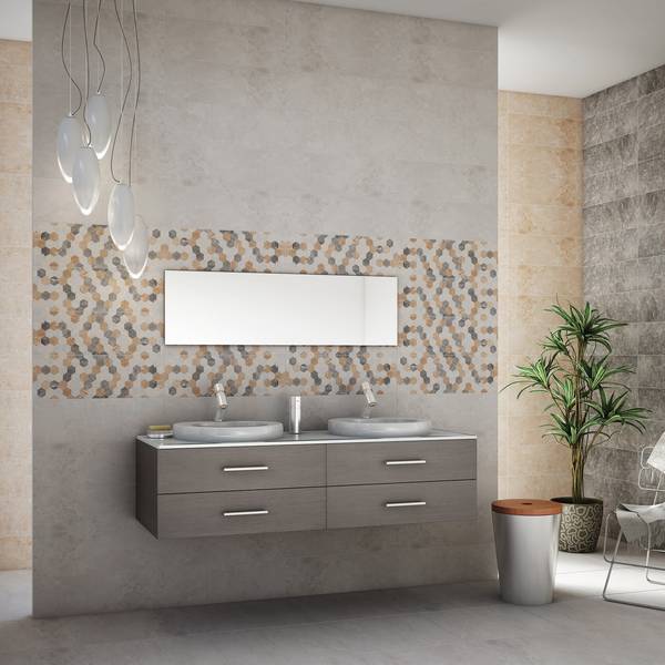 Modern Bathroom featuring beige, grey tones with porcelain tiles, creating a luxurious atmosphere.