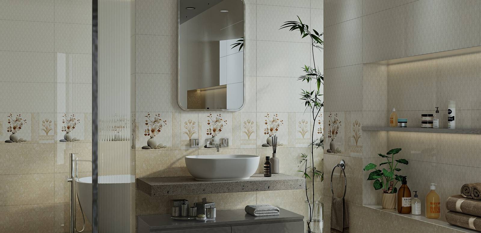 Modern Bathroom featuring ivory tones with porcelain tiles, creating a luxurious atmosphere.