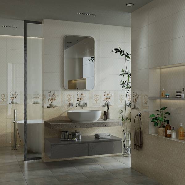Modern Bathroom featuring ivory tones with porcelain tiles, creating a luxurious atmosphere.