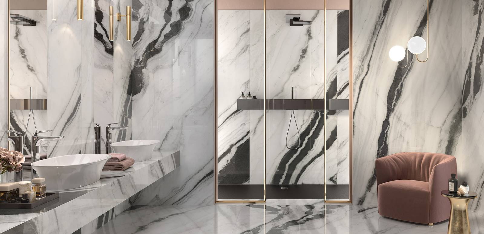 Modern Bathroom highlighting white tones with porcelain tiles, creating a contemporary atmosphere.