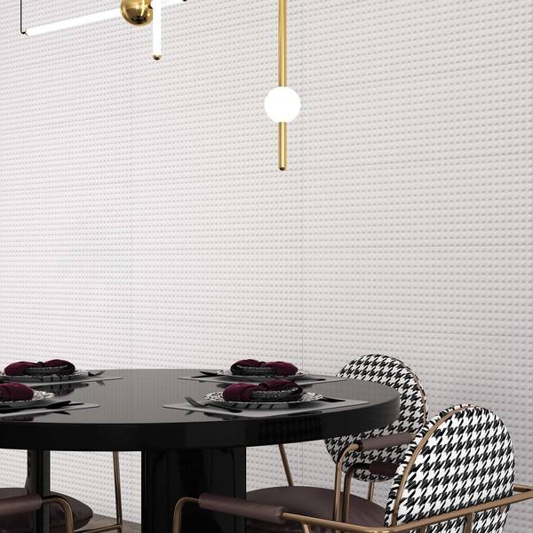 Modern Living room highlighting white tones with porcelain tiles, creating a luxurious atmosphere.
