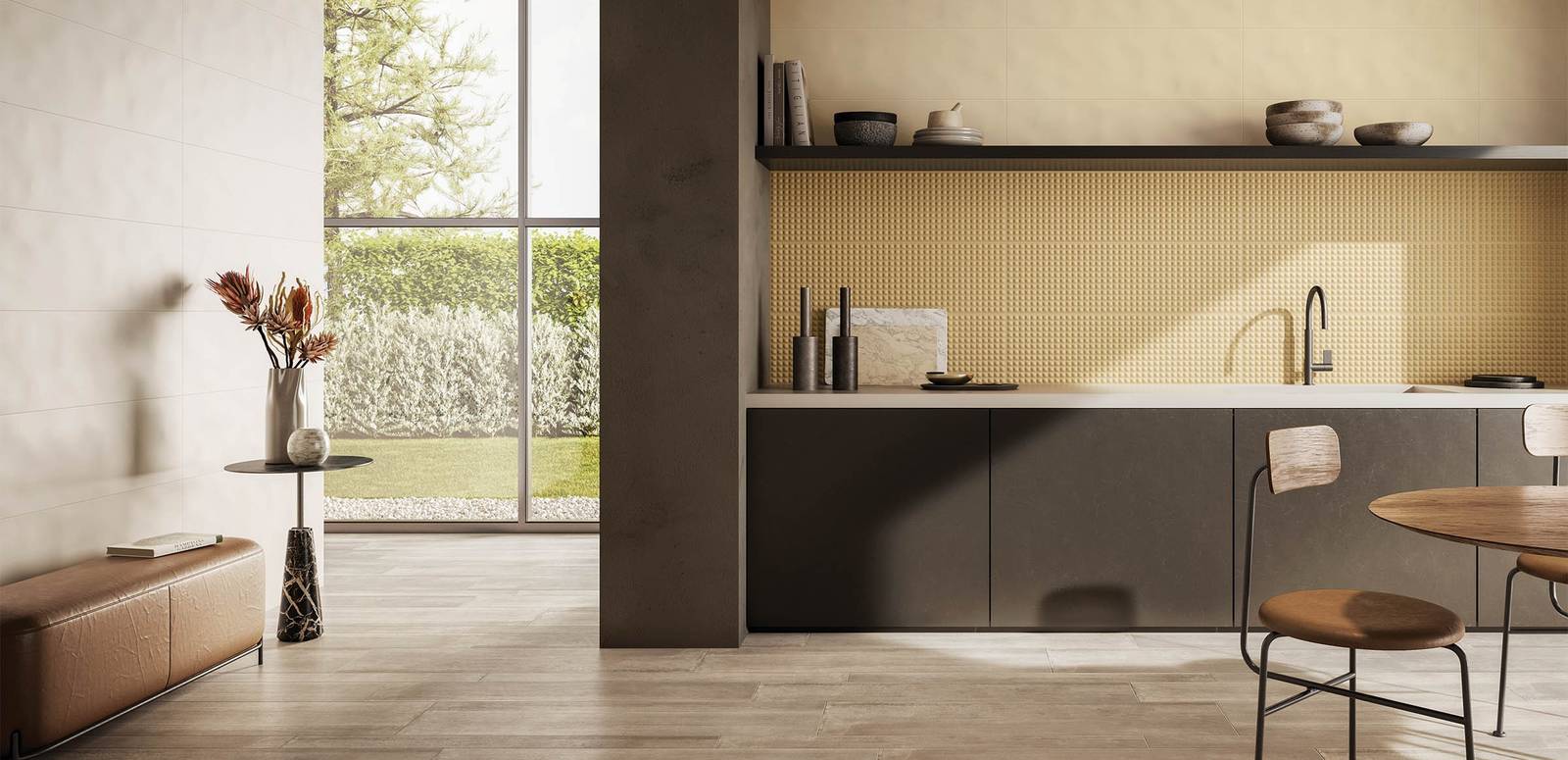 Modern Living room showcasing beige, grey tones with porcelain tiles, creating a contemporary atmosphere.