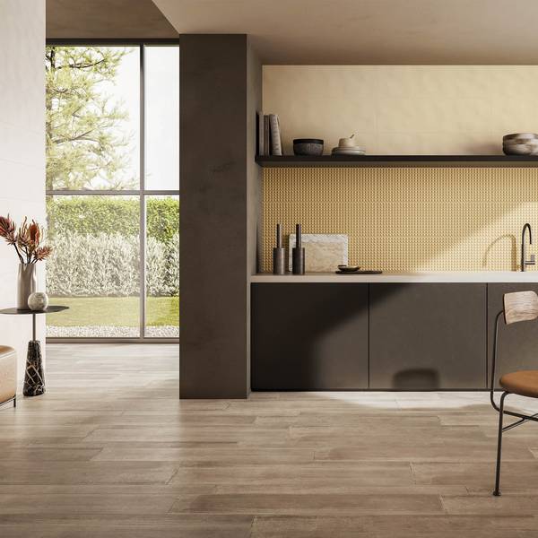 Modern Living room showcasing beige, grey tones with porcelain tiles, creating a contemporary atmosphere.