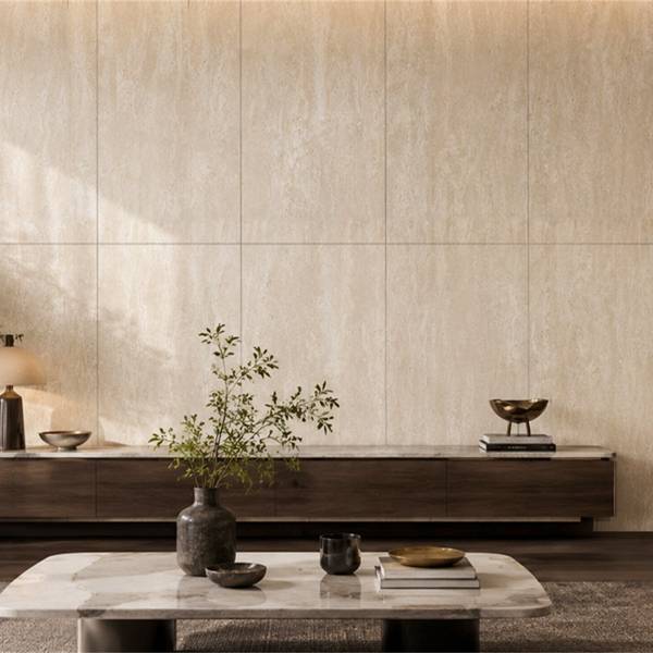 Modern Living room with porcelain tiles, creating an elegant atmosphere.