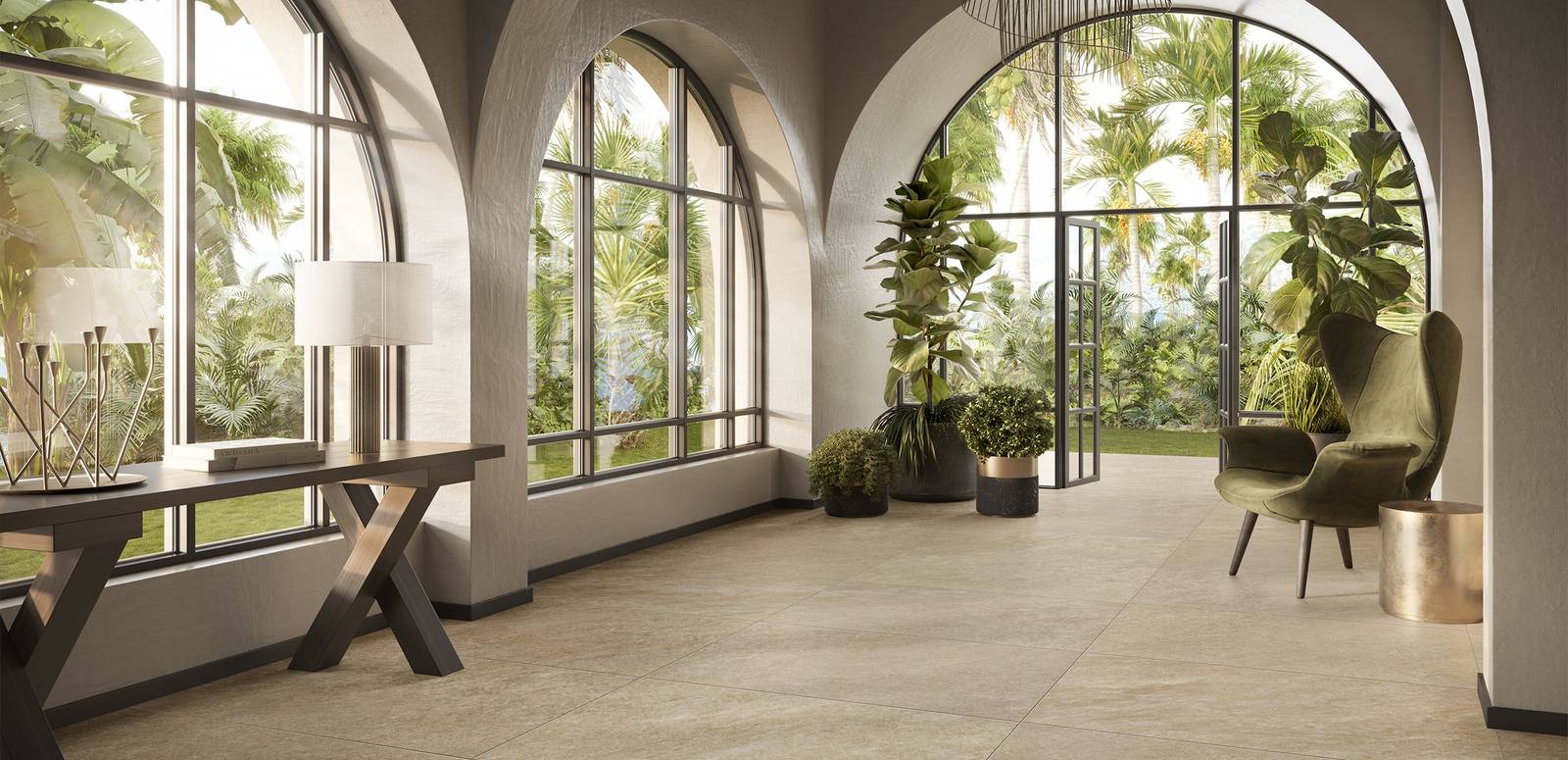 Modern Wohnbereich mit Feinsteinzeugfliesen, unterstreicht beige Töne, für eine elegante Atmosphäre.