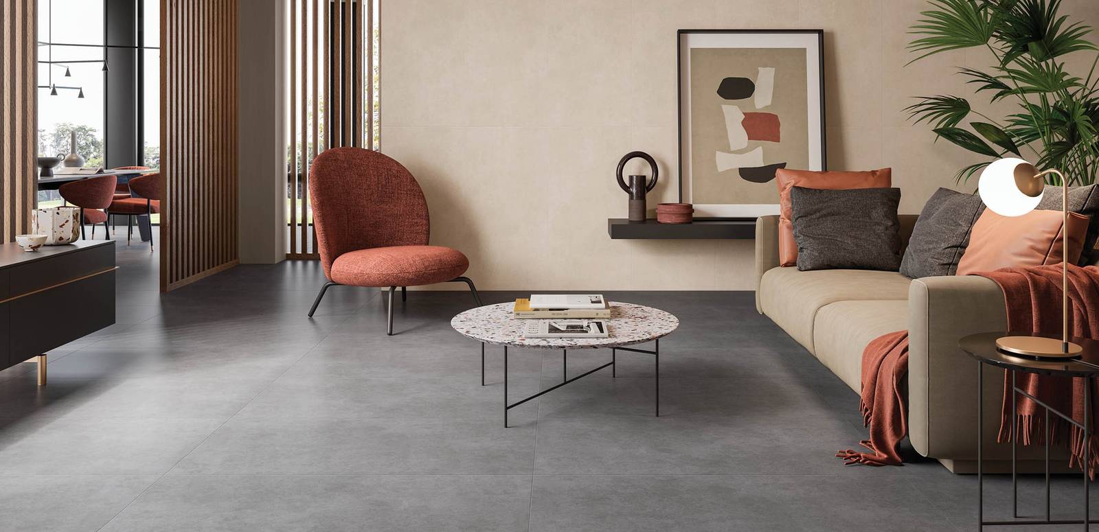 Modern Living room highlighting ivory, anthracite tones with porcelain tiles, creating a warm atmosphere.