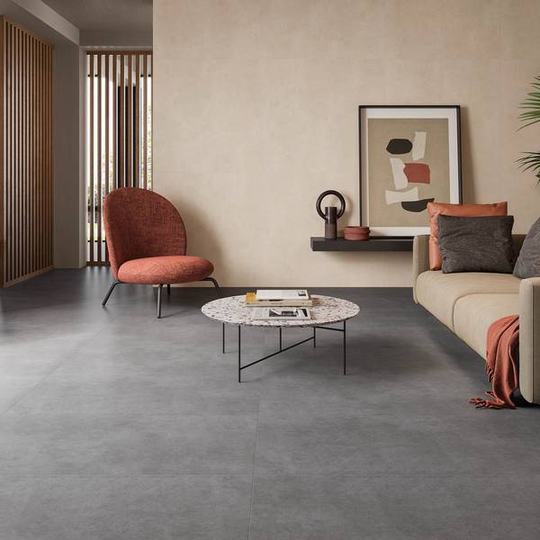 Modern Living room highlighting ivory, anthracite tones with porcelain tiles, creating a warm atmosphere.