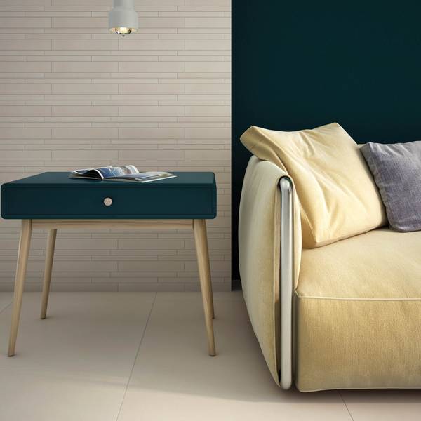 Modern Living room showcasing ivory tones with porcelain tiles, creating a luxurious atmosphere.