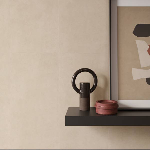 Modern Living room showcasing ivory, anthracite tones with porcelain tiles, creating a serene atmosphere.