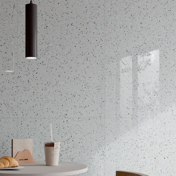 Modern Light Commercial highlighting blue tones with porcelain tiles, creating a serene atmosphere.