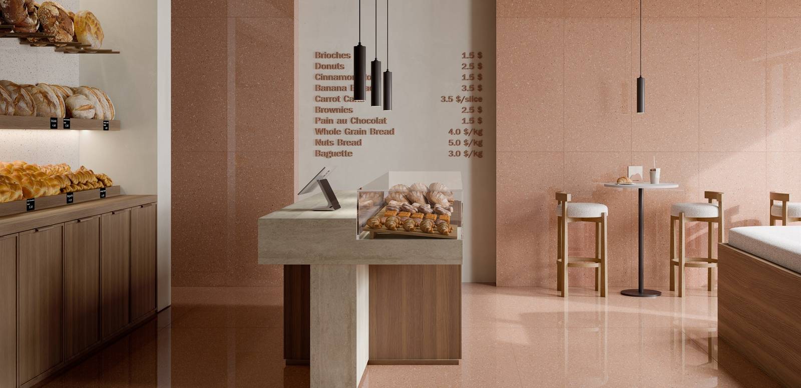 Modern Light Commercial showcasing mix tones with porcelain tiles, creating a warm atmosphere.