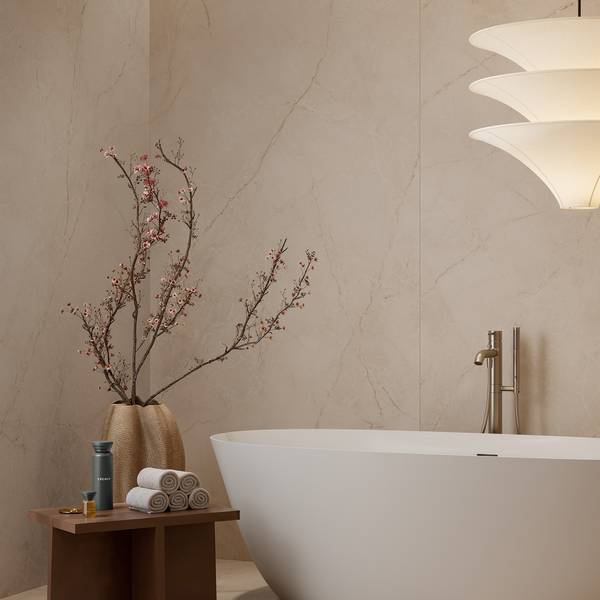 Modern Bathroom with porcelain tiles, creating a luxurious atmosphere.