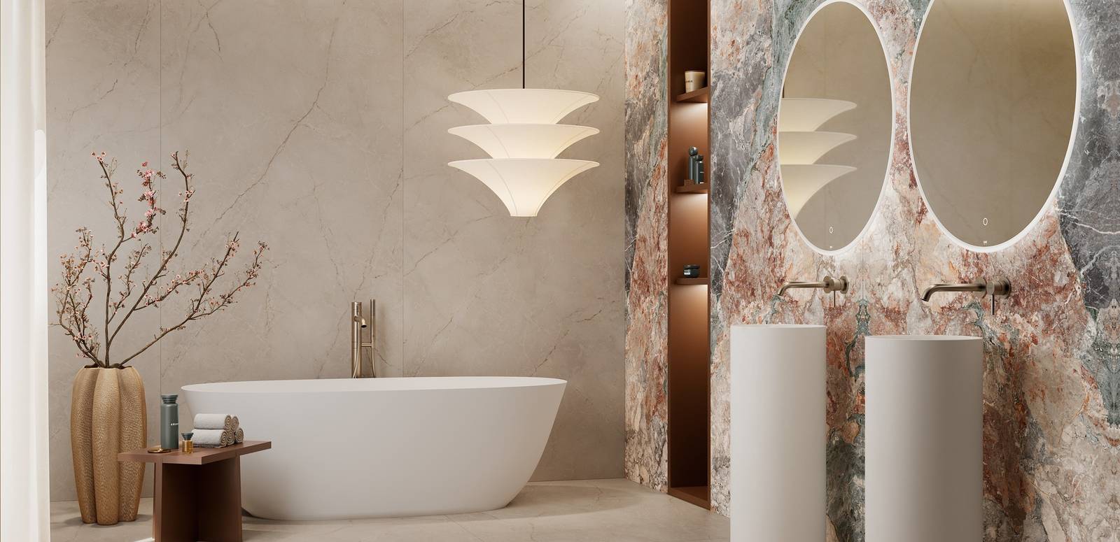 Modern Bathroom with porcelain tiles, creating a serene atmosphere.