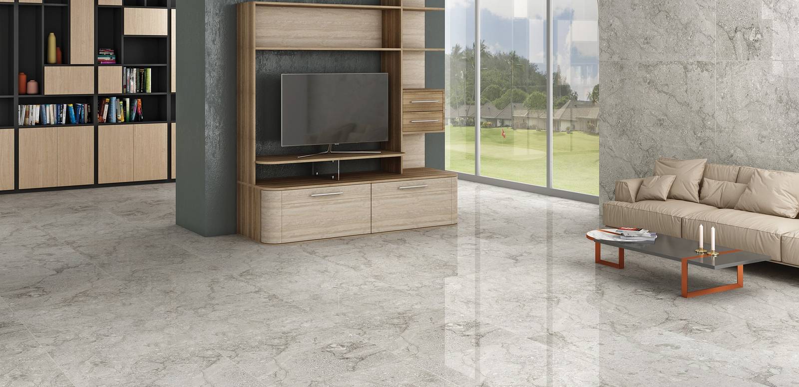 Modern Living room showcasing grey tones with porcelain tiles, creating a warm atmosphere.