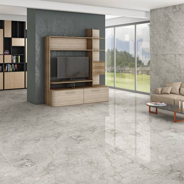 Modern Living room showcasing grey tones with porcelain tiles, creating a warm atmosphere.
